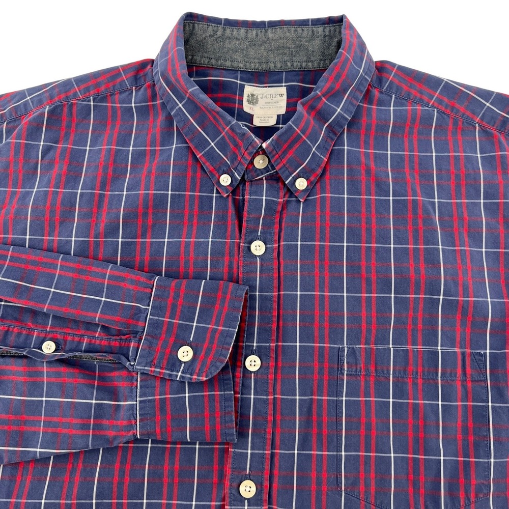 J.Crew Mens XL Washed Tartan Plaid Button Down Shirt Navy Blue Red Long‎ Sleeve